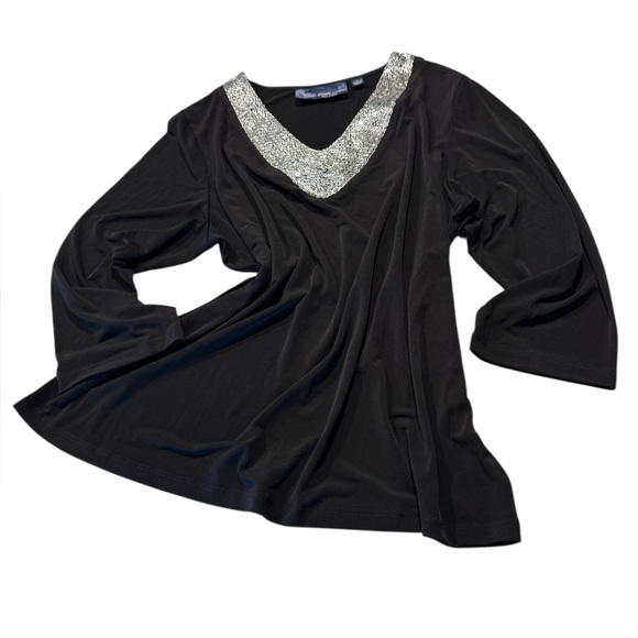 Susan Graver Black V-Neck Embellished Blouse - Picture 1 of 13